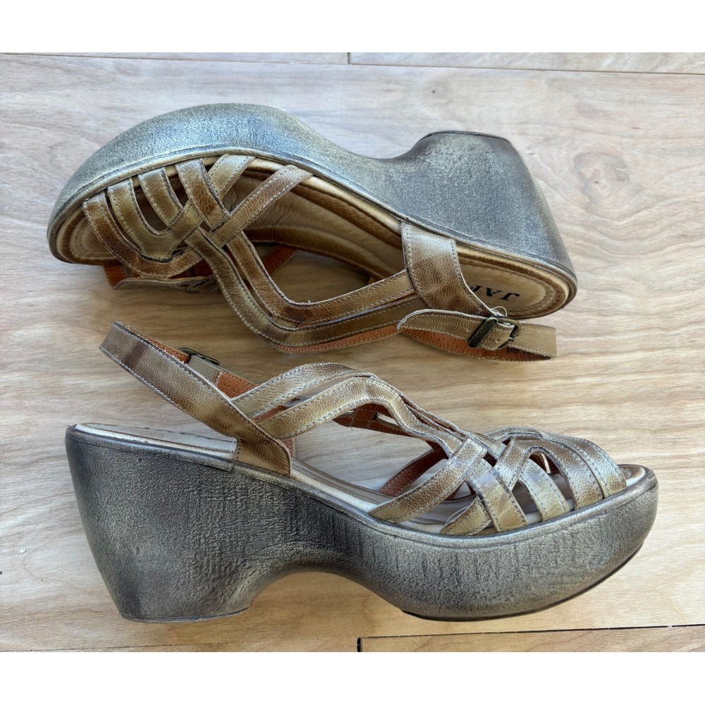 Jafa Women Bronze Distressed Leather Wedge Platform Cage Sandals Size 38 Boho - Picture 3 of 8
